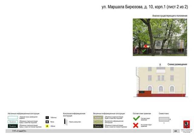 Архитектурная концепция размещения вывесок — Маршала бирюзова улица, 10, корп. 1, Москва, лист 2 из 2 · Документ по адресу · Архитектурно-художественная концепция · 2016 год