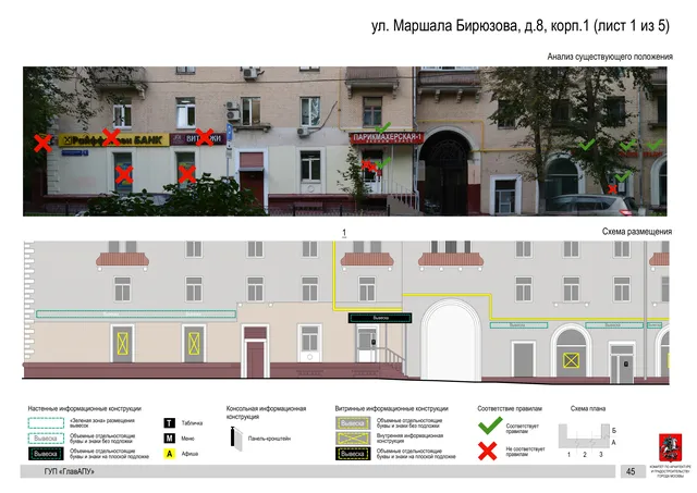 Архитектурная концепция размещения вывесок — Маршала бирюзова улица, 8, корп. 1, Москва, лист 1 из 5 · Документ по адресу · Архитектурно-художественная концепция · 2016 год
