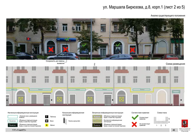 Архитектурная концепция размещения вывесок — Маршала бирюзова улица, 8, корп. 1, Москва, лист 2 из 5 · Документ по адресу · Архитектурно-художественная концепция · 2016 год