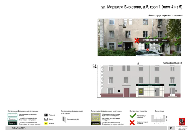 Архитектурная концепция размещения вывесок — Маршала бирюзова улица, 8, корп. 1, Москва, лист 4 из 5 · Документ по адресу · Архитектурно-художественная концепция · 2016 год