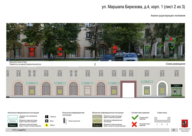 Архитектурная концепция размещения вывесок — Маршала бирюзова улица, 4, корп. 1, Москва, лист 2 из 3 · Документ по адресу · Архитектурно-художественная концепция · 2016 год
