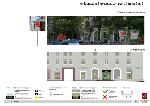Архитектурная концепция размещения вывесок — Маршала бирюзова улица, 4, корп. 1, Москва, лист 3 из 3 · Документ по адресу · Архитектурно-художественная концепция · 2016 год
