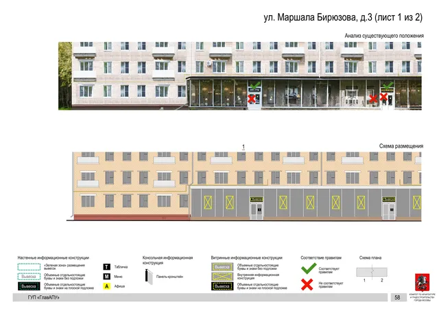 Архитектурная концепция размещения вывесок — Маршала бирюзова улица, 3, Москва, лист 1 из 2 · Документ по адресу · Архитектурно-художественная концепция · 2016 год
