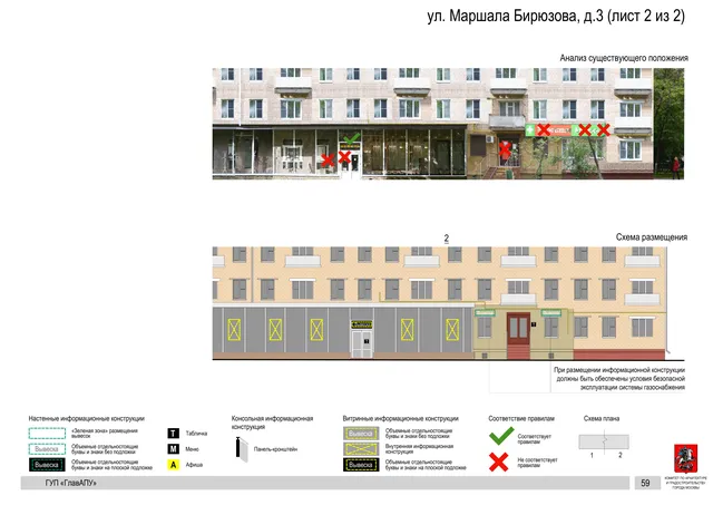 Архитектурная концепция размещения вывесок — Маршала бирюзова улица, 3, Москва, лист 2 из 2 · Документ по адресу · Архитектурно-художественная концепция · 2016 год