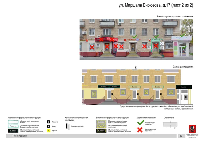 Архитектурная концепция размещения вывесок — Маршала бирюзова улица, 17, Москва, лист 2 из 2 · Документ по адресу · Архитектурно-художественная концепция · 2016 год