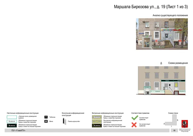 Архитектурная концепция размещения вывесок — Маршала бирюзова улица, 19, Москва, лист 1 из 3 · Документ по адресу · Архитектурно-художественная концепция · 2016 год
