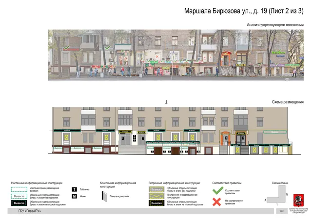 Архитектурная концепция размещения вывесок — Маршала бирюзова улица, 19, Москва, лист 2 из 3 · Документ по адресу · Архитектурно-художественная концепция · 2016 год