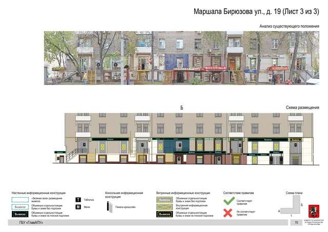 Архитектурная концепция размещения вывесок — Маршала бирюзова улица, 19, Москва, лист 3 из 3 · Документ по адресу · Архитектурно-художественная концепция · 2016 год
