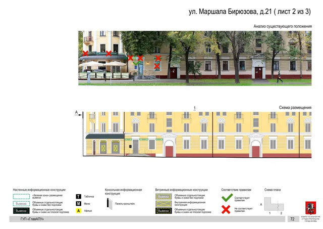 Архитектурная концепция размещения вывесок — Маршала бирюзова улица, 21, Москва, лист 2 из 3 · Документ по адресу · Архитектурно-художественная концепция · 2016 год