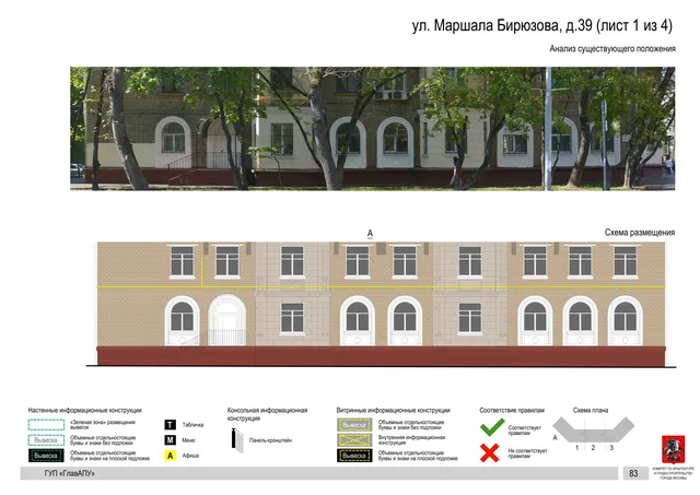Архитектурная концепция размещения вывесок — Маршала бирюзова улица, 39, Москва, лист 1 из 4 · Документ по адресу · Архитектурно-художественная концепция · 2016 год