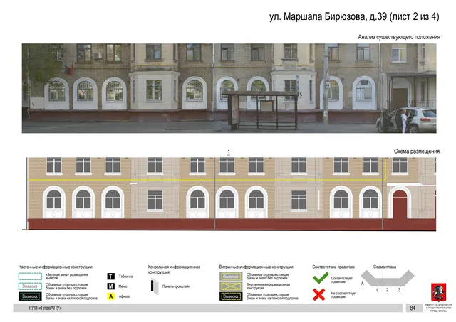 Архитектурная концепция размещения вывесок — Маршала бирюзова улица, 39, Москва, лист 2 из 4 · Документ по адресу · Архитектурно-художественная концепция · 2016 год