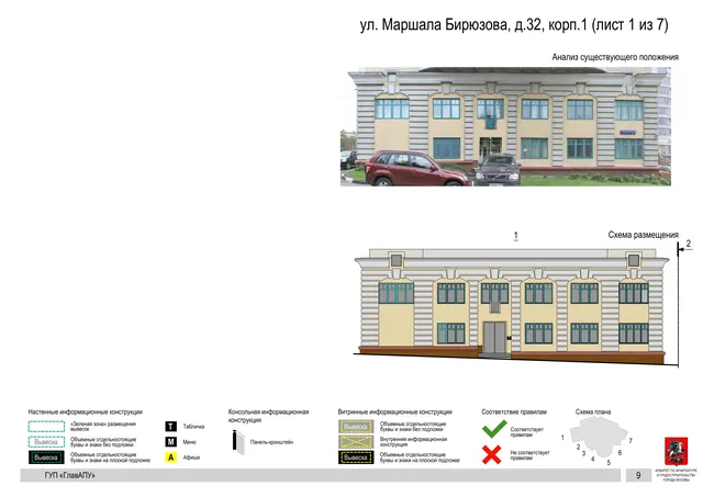 Архитектурная концепция размещения вывесок — Маршала бирюзова улица, 32, корп. 1, Москва, лист 1 из 7 · Документ по адресу · Архитектурно-художественная концепция · 2016 год