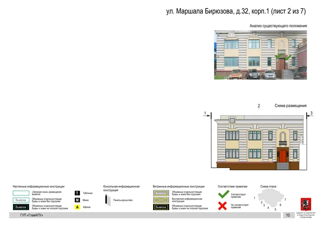 Архитектурная концепция размещения вывесок — Маршала бирюзова улица, 32, корп. 1, Москва, лист 2 из 7 · Документ по адресу · Архитектурно-художественная концепция · 2016 год