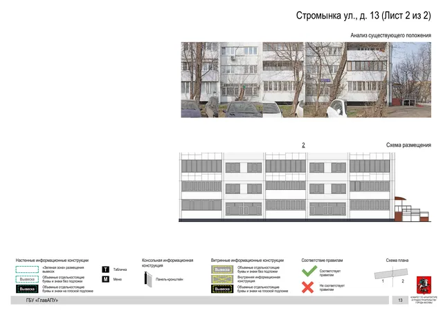Архитектурная концепция размещения вывесок — Стромынка улица, 13, Москва, лист 2 из 2 · Документ по адресу · Архитектурно-художественная концепция · 2020 год
