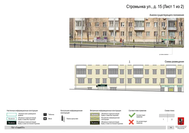 Архитектурная концепция размещения вывесок — Стромынка улица, 15, Москва, лист 1 из 2 · Документ по адресу · Архитектурно-художественная концепция · 2020 год