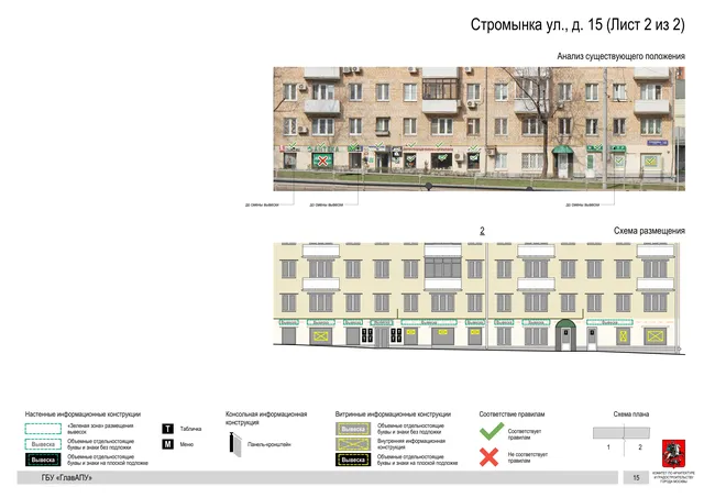 Архитектурная концепция размещения вывесок — Стромынка улица, 15, Москва, лист 2 из 2 · Документ по адресу · Архитектурно-художественная концепция · 2020 год