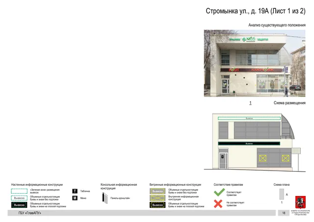 Архитектурная концепция размещения вывесок — Стромынка улица, 19А, Москва, лист 1 из 2 · Документ по адресу · Архитектурно-художественная концепция · 2020 год