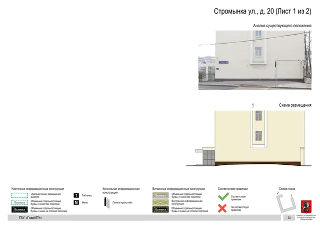 Архитектурная концепция размещения вывесок — Стромынка улица, 20, Москва, лист 1 из 2 · Документ по адресу · Архитектурно-художественная концепция · 2020 год