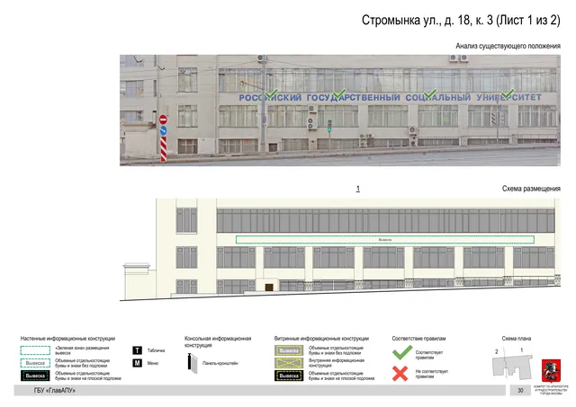 Архитектурная концепция размещения вывесок — Стромынка улица, 18, корп. 3, Москва, лист 1 из 2 · Документ по адресу · Архитектурно-художественная концепция · 2020 год
