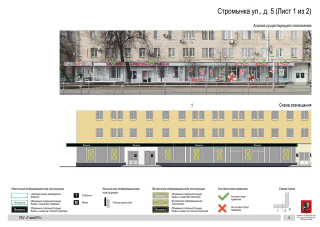 Архитектурная концепция размещения вывесок — Стромынка улица, 5, Москва, лист 1 из 2 · Документ по адресу · Архитектурно-художественная концепция · 2020 год