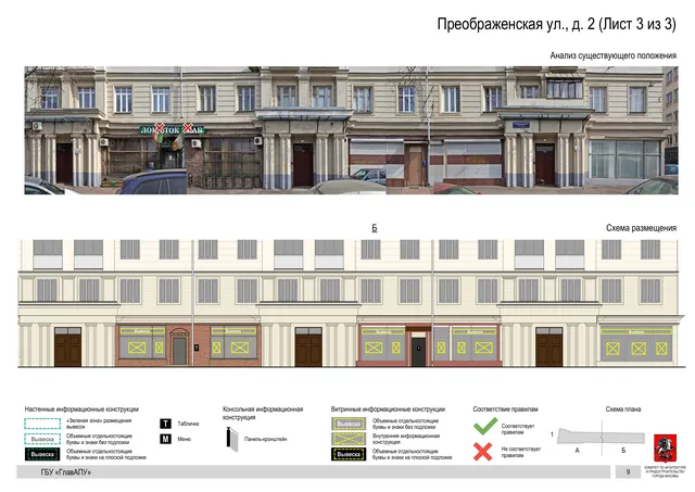 Архитектурная концепция размещения вывесок — Преображенская улица, 2, Москва, лист 3 из 3 · Документ по адресу · Архитектурно-художественная концепция · 2020 год