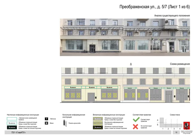 Архитектурная концепция размещения вывесок — Преображенская улица, 5/7, Москва, лист 1 из 6 · Документ по адресу · Архитектурно-художественная концепция · 2020 год