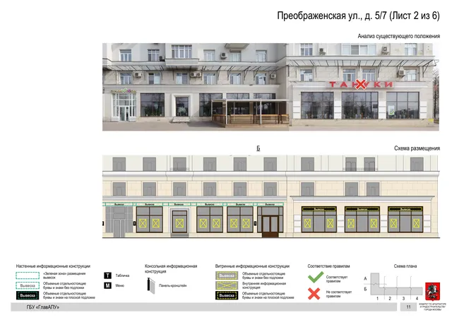 Архитектурная концепция размещения вывесок — Преображенская улица, 5/7, Москва, лист 2 из 6 · Документ по адресу · Архитектурно-художественная концепция · 2020 год