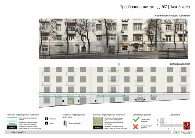 Архитектурная концепция размещения вывесок — Преображенская улица, 5/7, Москва, лист 5 из 6 · Документ по адресу · Архитектурно-художественная концепция · 2020 год