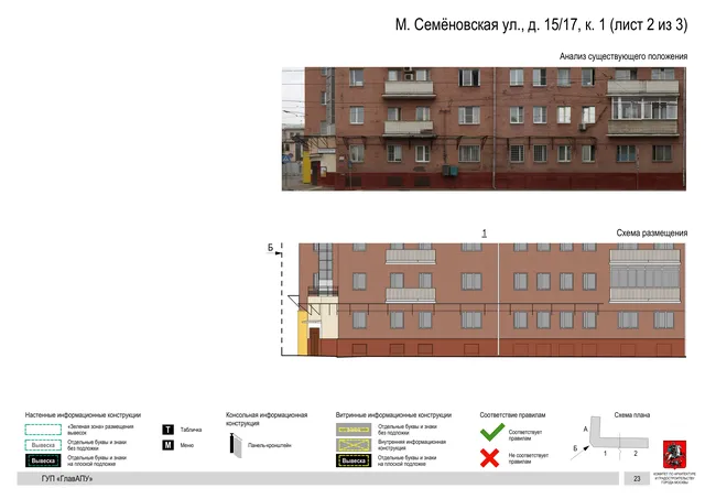 Архитектурная концепция размещения вывесок — М семеновская улица, 15/17, корп. 1, Москва, лист 2 из 3 · Документ по адресу · Архитектурно-художественная концепция · 2016 год