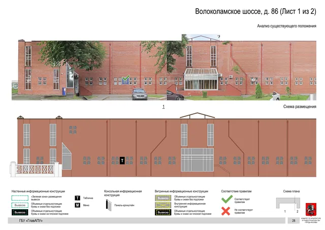 Архитектурная концепция размещения вывесок — Волоколамское шоссе, 86, Москва, лист 1 из 2 · Документ по адресу · Архитектурно-художественная концепция · 2020 год