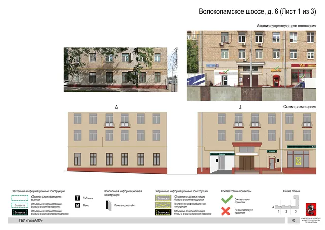 Архитектурная концепция размещения вывесок — Волоколамское шоссе, 6, Москва, лист 1 из 3 · Документ по адресу · Архитектурно-художественная концепция · 2020 год