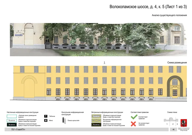 Архитектурная концепция размещения вывесок — Волоколамское шоссе, 4, корп. 5, Москва, лист 1 из 3 · Документ по адресу · Архитектурно-художественная концепция · 2020 год