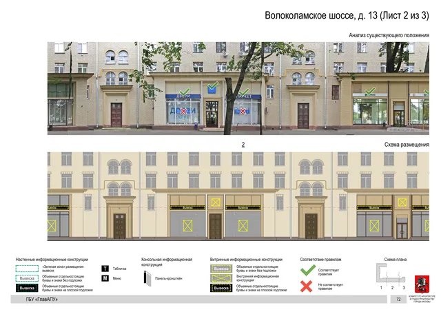 Архитектурная концепция размещения вывесок — Волоколамское шоссе, 13, Москва, лист 2 из 3 · Документ по адресу · Архитектурно-художественная концепция · 2020 год