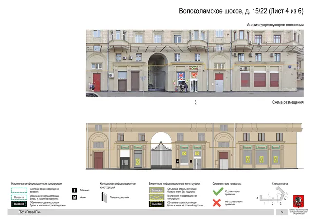 Архитектурная концепция размещения вывесок — Волоколамское шоссе, 15/22, Москва, лист 4 из 6 · Документ по адресу · Архитектурно-художественная концепция · 2020 год