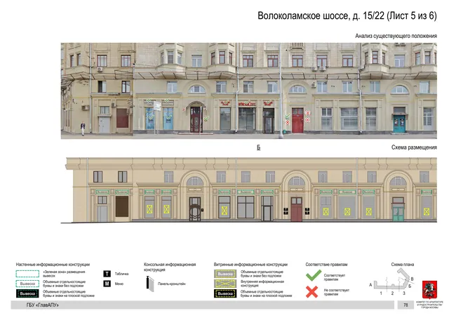 Архитектурная концепция размещения вывесок — Волоколамское шоссе, 15/22, Москва, лист 5 из 6 · Документ по адресу · Архитектурно-художественная концепция · 2020 год