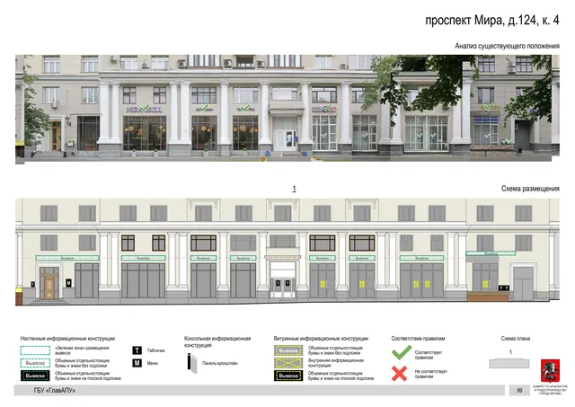 Архитектурная концепция размещения вывесок — Мира проспект, 124, корп. 4, Москва, страница PDF 102 · Документ по адресу · Архитектурно-художественная концепция · 2020 год