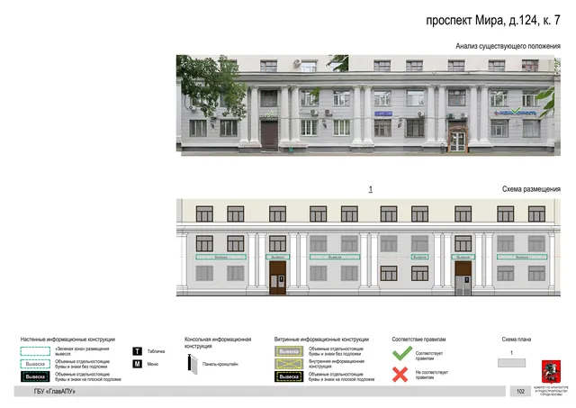 Архитектурная концепция размещения вывесок — Мира проспект, 124, корп. 7, Москва, страница PDF 105 · Документ по адресу · Архитектурно-художественная концепция · 2020 год