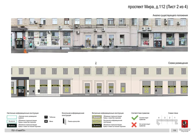 Архитектурная концепция размещения вывесок — Мира проспект, 112, Москва, лист 2 из 4 · Документ по адресу · Архитектурно-художественная концепция · 2020 год