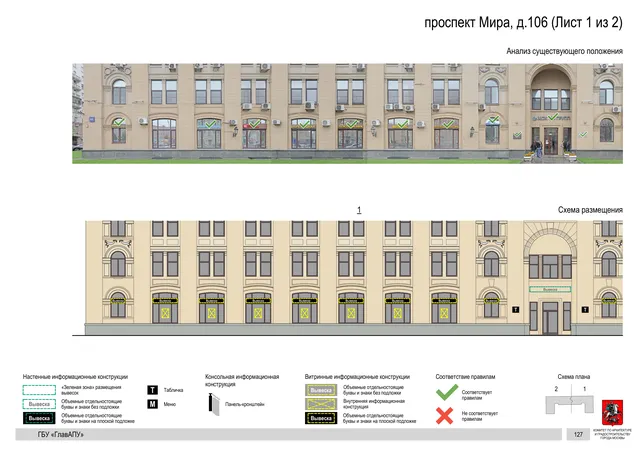 Архитектурная концепция размещения вывесок — Мира проспект, 106, Москва, лист 1 из 2 · Документ по адресу · Архитектурно-художественная концепция · 2020 год