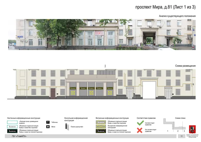 Архитектурная концепция размещения вывесок — Мира проспект, 81, Москва, лист 1 из 3 · Документ по адресу · Архитектурно-художественная концепция · 2020 год