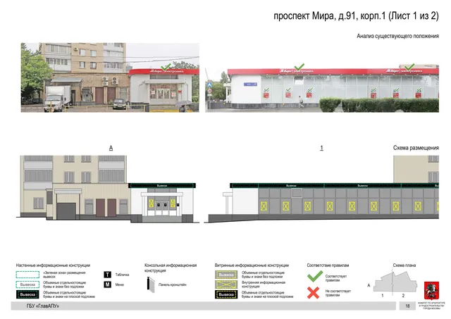 Архитектурная концепция размещения вывесок — Мира проспект, 91, корп. 1, Москва, лист 1 из 2 · Документ по адресу · Архитектурно-художественная концепция · 2020 год