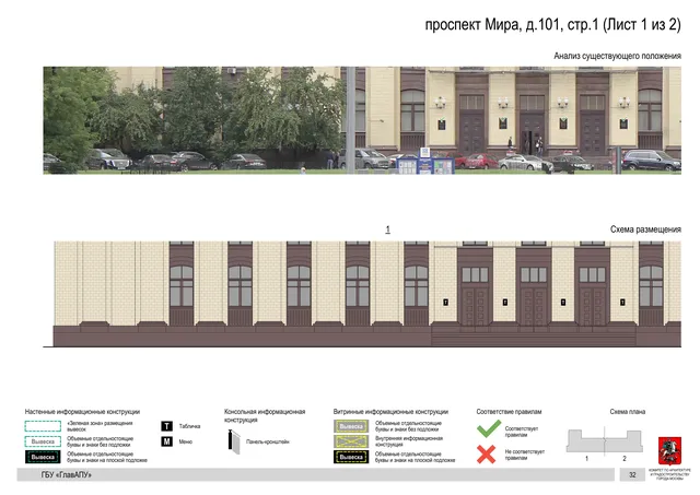Архитектурная концепция размещения вывесок — Мира проспект, 101, стр. 1, Москва, лист 1 из 2 · Документ по адресу · Архитектурно-художественная концепция · 2020 год