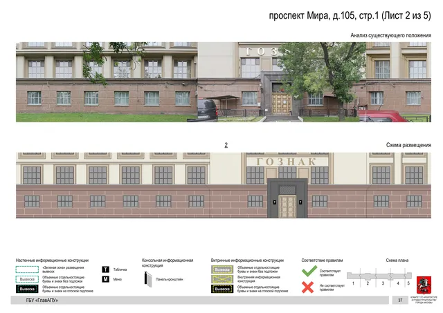 Архитектурная концепция размещения вывесок — Мира проспект, 105, стр. 1, Москва, лист 2 из 5 · Документ по адресу · Архитектурно-художественная концепция · 2020 год