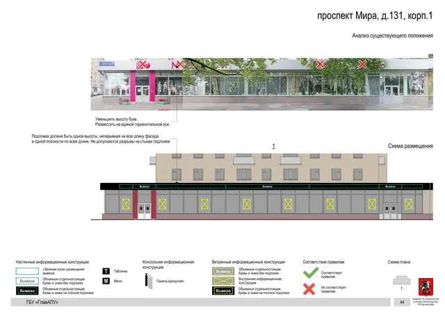 Архитектурная концепция размещения вывесок — Мира проспект, 131, корп. 1, Москва, страница PDF 46 · Документ по адресу · Архитектурно-художественная концепция · 2020 год
