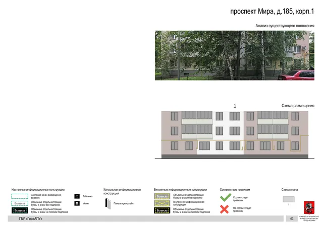 Архитектурная концепция размещения вывесок — Мира проспект, 185, корп. 1, Москва, страница PDF 65 · Документ по адресу · Архитектурно-художественная концепция · 2020 год