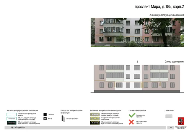 Архитектурная концепция размещения вывесок — Мира проспект, 185, корп. 2, Москва, страница PDF 66 · Документ по адресу · Архитектурно-художественная концепция · 2020 год