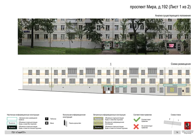 Архитектурная концепция размещения вывесок — Мира проспект, 192, Москва, лист 1 из 2 · Документ по адресу · Архитектурно-художественная концепция · 2020 год