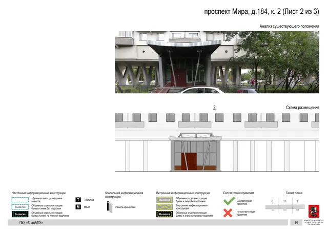 Архитектурная концепция размещения вывесок — Мира проспект, 184, корп. 2, Москва, лист 2 из 3 · Документ по адресу · Архитектурно-художественная концепция · 2020 год